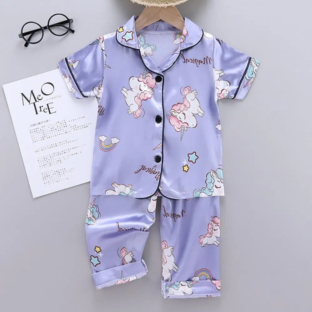 Conjunto de Pijama de Verano para Niñas – Conjunto de Pijama de Satén de Unicornio de Dibujos Animados de 2 Piezas | Ropa de Dormir Suave para Niños Pequeños con Aire Acondicionado