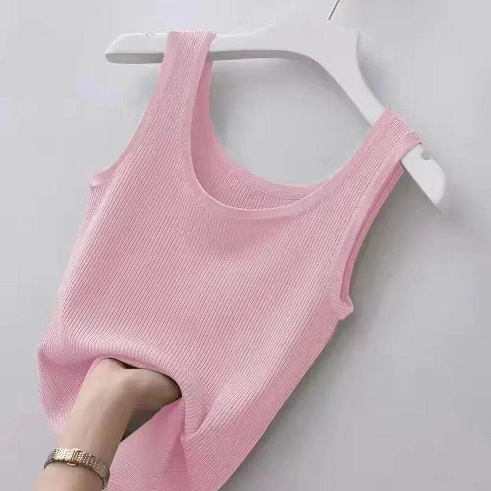 Haut court décontracté basique en tricot à col en U sans manches et de couleur unie pour femme, idéal pour l'automne