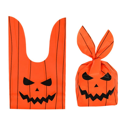 25/50PCS Halloween Candy Bags – Rabbit Ear Pumpkin Plastic Treat Bags for Candy, Cookies & Desserts, DIY Packaging for Kids’ Halloween Parties