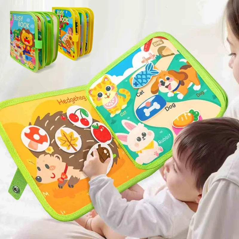 Libro Montessori de tela con animales de granja – Libro de actividades de fieltro para el aprendizaje preescolar, juguete para habilidades motoras finas para niños pequeños, libro interactivo de cuentos de educación temprana para niños