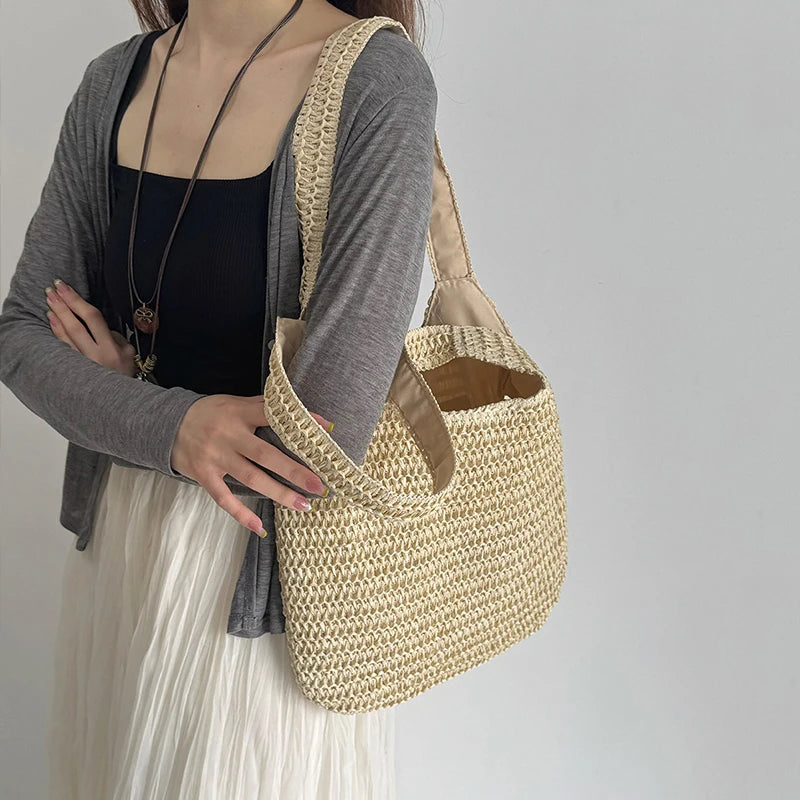 Sac à bandoulière en rotin tressé pour femmes – Grand sac cabas en paille tressée, sac de plage d'été pour femmes, sac de voyage décontracté pour les vacances, le shopping et un usage quotidien