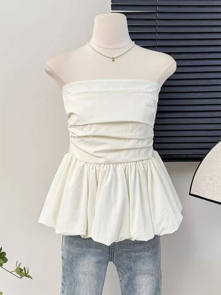 Women's Strapless Tube Top – Solid Color Pleated Sleeveless Camisole for Summer Casual Fashion