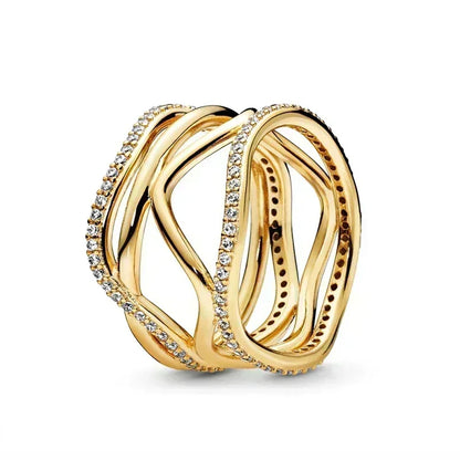 Anillo de moda ajustable con corona de corazón de plata de ley 925 chapado en oro con purpurina para mujer