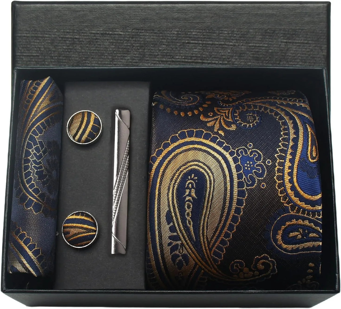 Corbata de seda 100% con diseño floral de Paisley para hombre con pañuelo de bolsillo, pasador de corbata y gemelos en caja de regalo