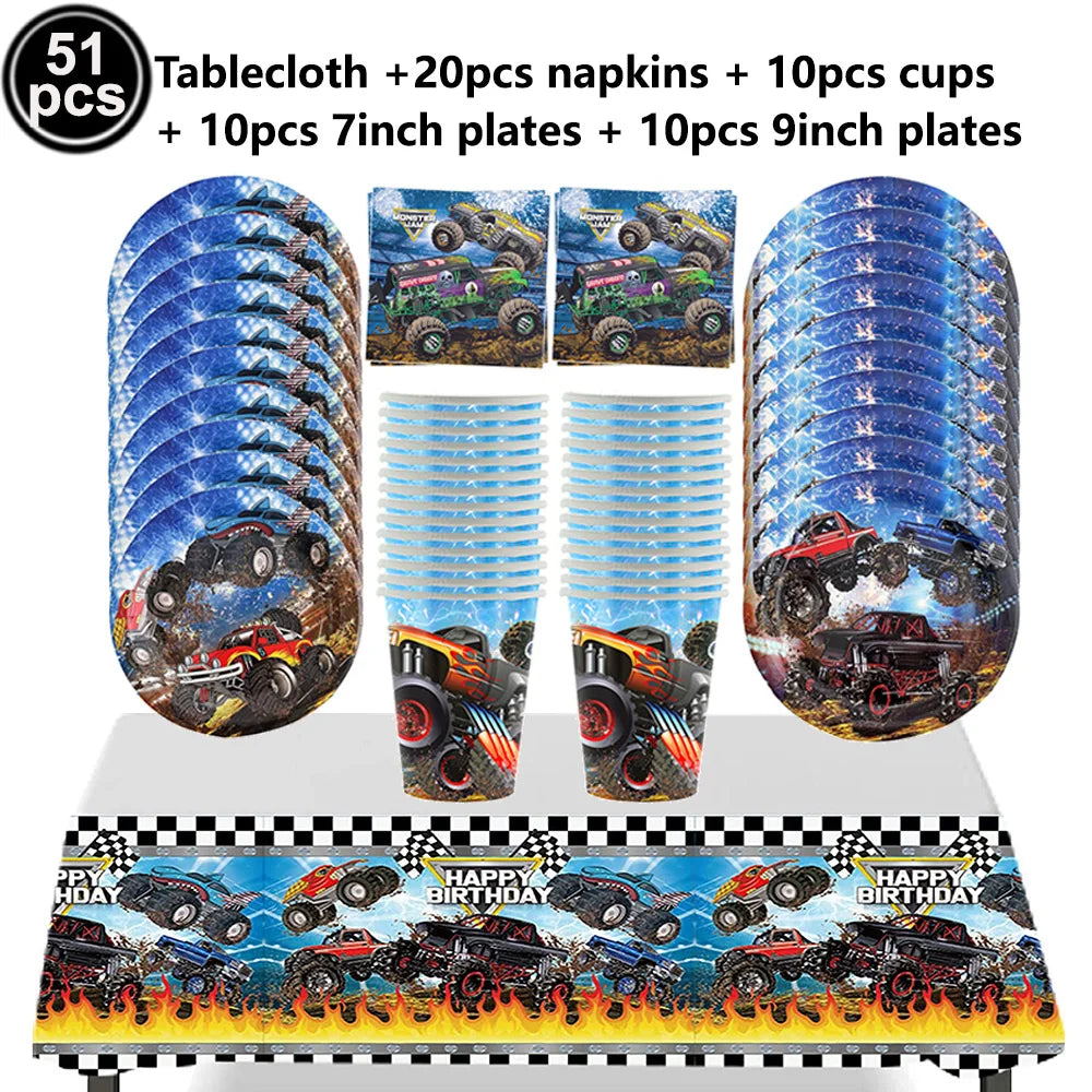 Monster Truck Birthday Party Supplies – Disposable Plates, Napkins, Banner & Tablecloth for Kids' Boys' 2nd Birthday Decorations