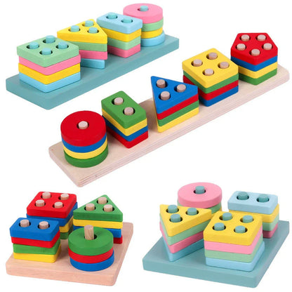 Montessori Wooden Building Blocks Color & Shape Matching Puzzle Educational Toy for Kids