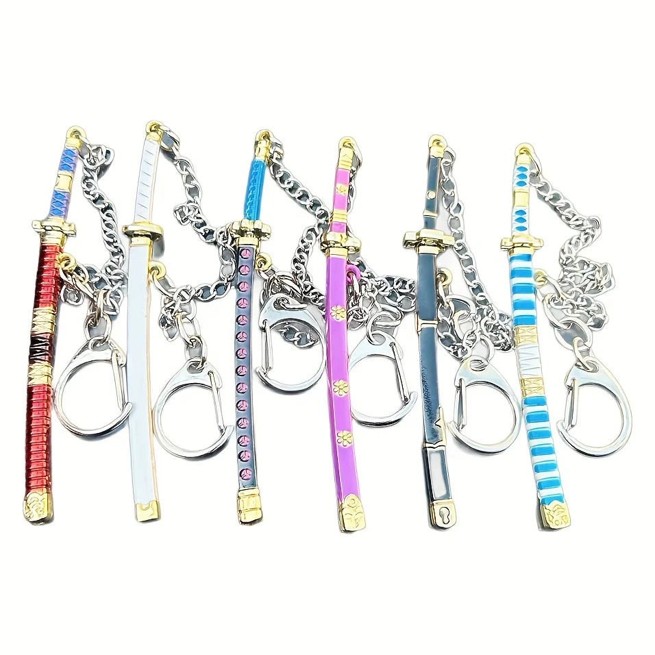 Set de 6 llaveros mini espada katana – Dijes coleccionables inspirados en animes y juegos de 3.54 pulgadas con vainas, genial regalo colgante para mochilas de hombres y niños