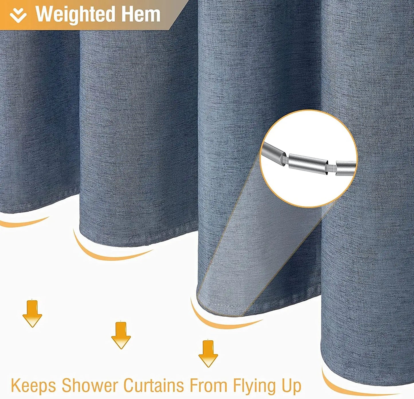 Cortina de ducha de lino de lujo – Cortina de baño de tela impermeable con ganchos de metal