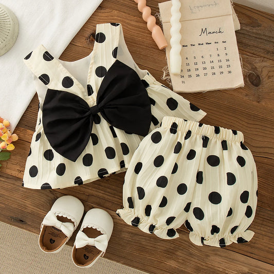Conjunto de camiseta con lazo y pantalones cortos de lunares para bebé niña, sin mangas, de verano, 2 piezas, para 6 meses-3 años