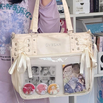 Bolso Bandolera con Lazo Estilo Universitario – Bolso de Hombro de Gran Capacidad para Chicas, Bolso Ita de Moda JK, Bolso de Mano con Acento de Lazo para Libros Escolares, Material Escolar y Uso Diario