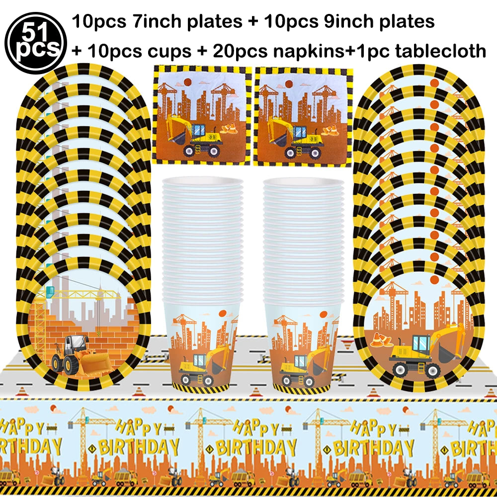 Construction Truck Birthday Party Tablecloth – Excavator & Engineering-Themed Table Runner for Boys' Construction Party Decorations