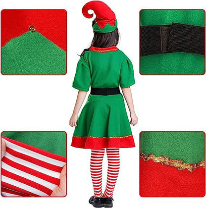 Christmas Santa Claus and Green Elf Costumes for Adults and Kids, Family Matching Cosplay Outfits for Xmas Parties, Carnival, New Year Performances and Holiday Gifts