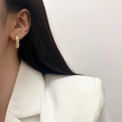 Vintage Double-C Cross Zircon Stud Earrings – Korean Fashion Crystal Earrings for Women | Elegant Engagement Jewelry Gift