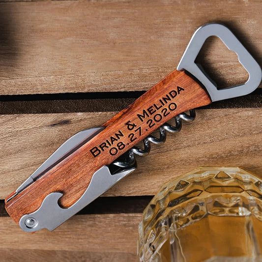 Personalized Wood Handle Corkscrew Wine Opener – Custom Logo Bottle Opener for Weddings, Gifts, Beer Bottles & Brand Promotions