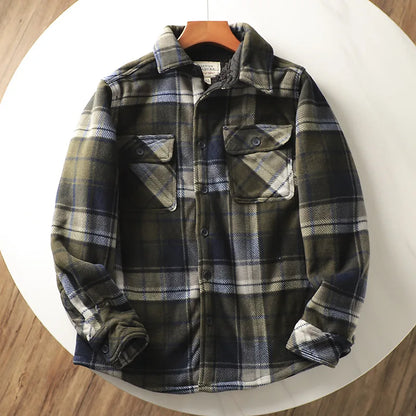 Men’s Fleece-Lined Flannel Shirt Jacket – Thick Warm Long-Sleeve Plaid Coat, Vintage Casual Outerwear for Autumn & Winter