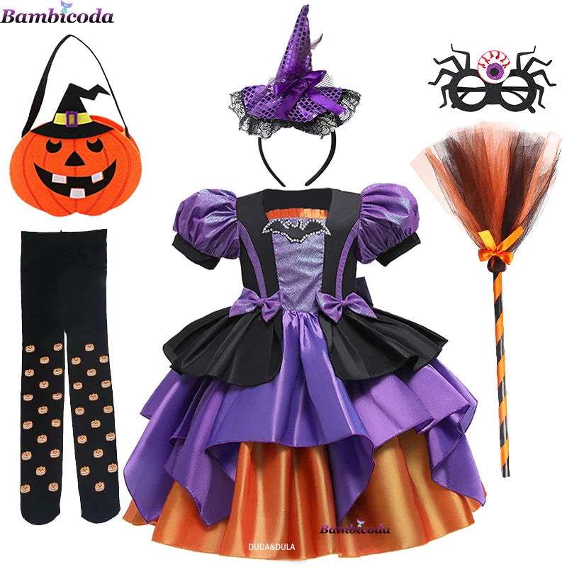Girls Pumpkin Halloween Costume Dress – Fancy Bat Print Witch Princess Ball Gown for Cosplay, Festival & Party