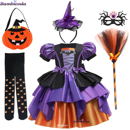 Girls Pumpkin Halloween Costume Dress – Fancy Bat Print Witch Princess Ball Gown for Cosplay, Festival & Party