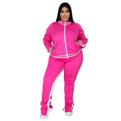 Plus Size L-5XL Women's 2-Piece Sweatsuit Set – Zip-Up Striped Top & Slit Jogger Sweatpants, Casual Matching Outfit for Everyday Wear
