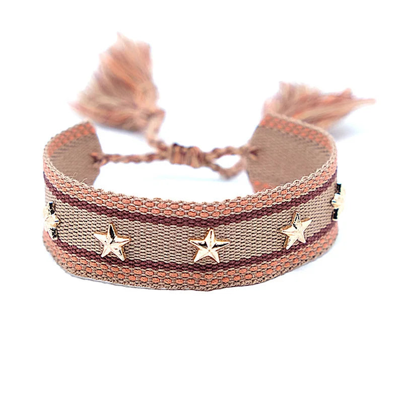 Bohemian Star Tassel Bracelet – Handmade Woven Alloy Gold Rivet Wrist Strap for Women | Ethnic Fashion Jewelry Gift