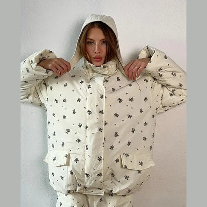 Women’s Winter Printed Coat & Pants 2-Piece Set – Warm Stand Neck Hooded Cotton Jacket with High-Waisted Pants, Chic Casual Outfit