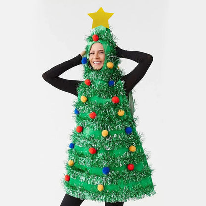 Women's Christmas Tree Costume Dress, Sleeveless Green Tinsel Hooded Dress with Colorful Ball Ornaments, Adult Christmas Cosplay Outfit for Holiday Parties and Festive Events