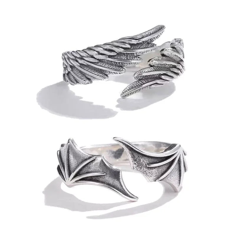 Vintage Angel & Demon Wing Adjustable Couple Ring – Retro Silver Gothic Punk Open Band Ring for Men & Women