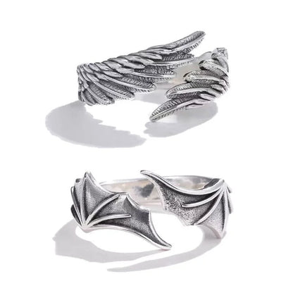 Vintage Angel & Demon Wing Adjustable Couple Ring – Retro Silver Gothic Punk Open Band Ring for Men & Women