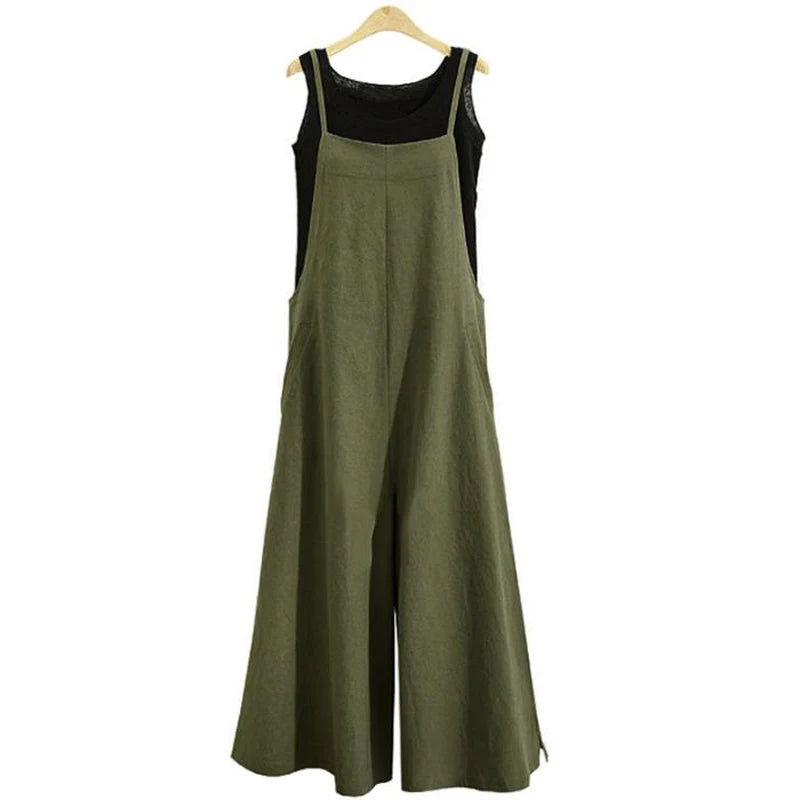 Women's Cotton Linen Wide Leg Jumpsuit Sleeveless Bib Overalls Casual Loose Summer Romper Plus Size 5XL