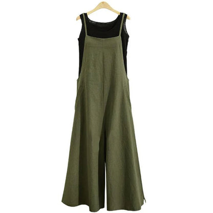 Women's Cotton Linen Wide Leg Jumpsuit Sleeveless Bib Overalls Casual Loose Summer Romper Plus Size 5XL