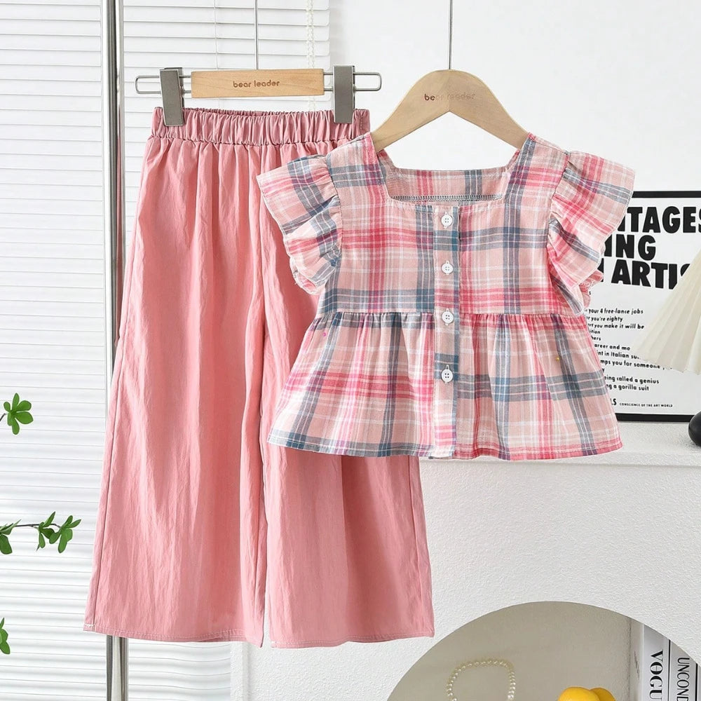 Girls Pink Checkered Two Piece Set – Square Collar Top & Wide Leg Pants Summer Outfit for Kids 3–10 Years