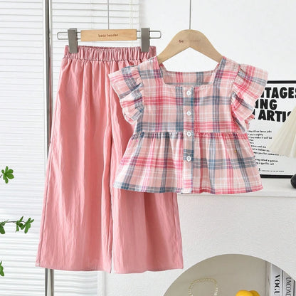 Girls Pink Checkered Two Piece Set – Square Collar Top & Wide Leg Pants Summer Outfit for Kids 3–10 Years