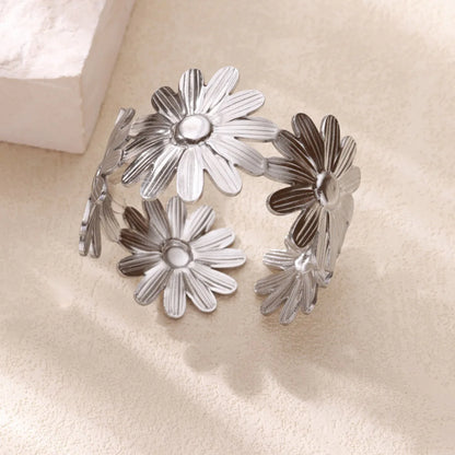 Stainless Steel Open Flower & Leaf Bangle Bracelet – Gold Geometric Cuff Bracelet for Women & Men | Minimalist Fashion Jewelry