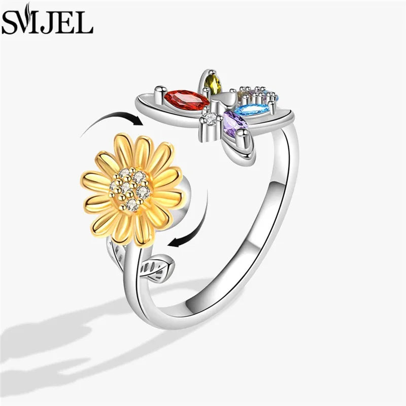 Cherry Blossom Rotating Fidget Spinner Ring – Cute Cat, Bee, Bunny & Butterfly Anti-Anxiety Ring for Women | Adjustable Stress Relief Jewelry