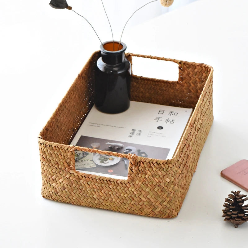 Zerolife Panier en jonc de mer naturel tressé – Grand panier de rangement en osier de paille pour la décoration intérieure, corbeille à fruits et à pain de table, organiseur de serviettes, récipient de rangement de cuisine et panier de ferme rustique