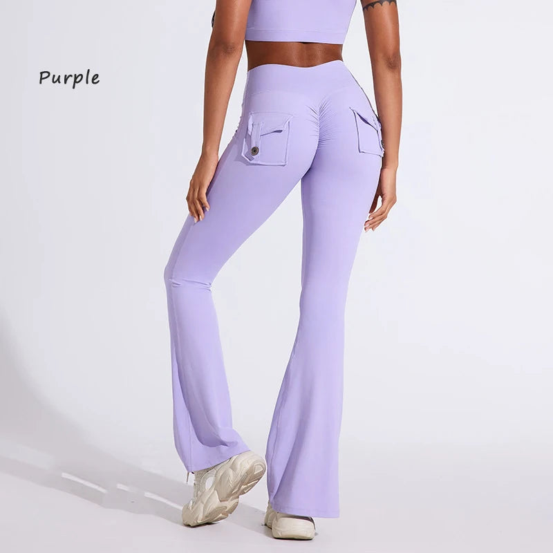 DIAS FIT JOY Pantalon de yoga évasé taille haute pour femme – Legging patte d'éléphant push-up avec poches, pantalon d'entraînement à séchage rapide pour la course, la gym, le fitness et l'exercice