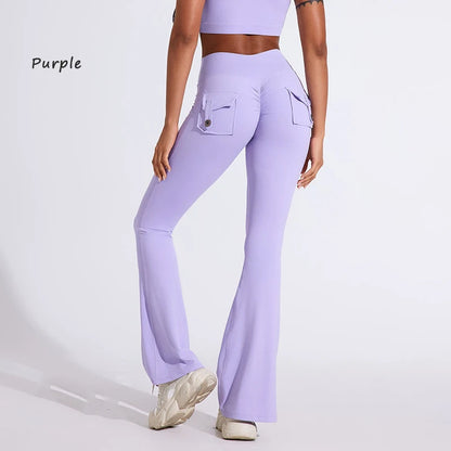 DIAS FIT JOY Pantalon de yoga évasé taille haute pour femme – Legging patte d'éléphant push-up avec poches, pantalon d'entraînement à séchage rapide pour la course, la gym, le fitness et l'exercice
