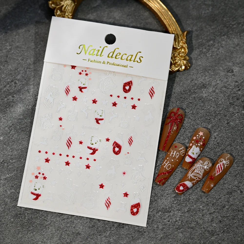 Christmas Nail Art Stickers – Red Glitter Snowflake, Elk & Snowman Self-Adhesive Holiday Manicure Decals (1–12pcs)