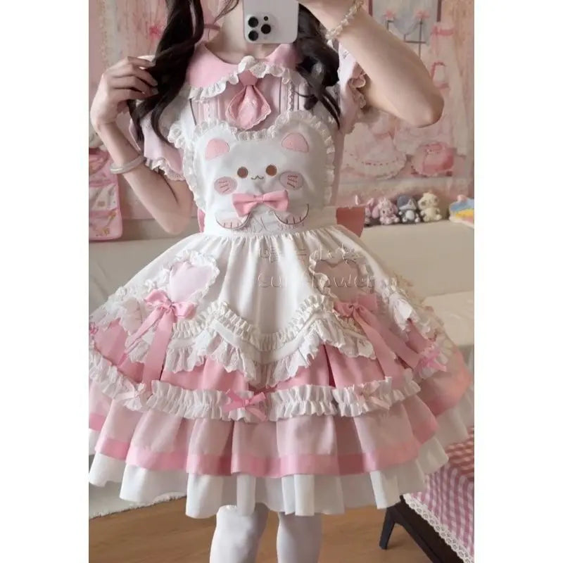 Vestido japonés Sweet Lolita Kawaii para mujer 2025, estampado de primavera, lazo, vestido falso de dos piezas, estilo coreano, ropa de fiesta