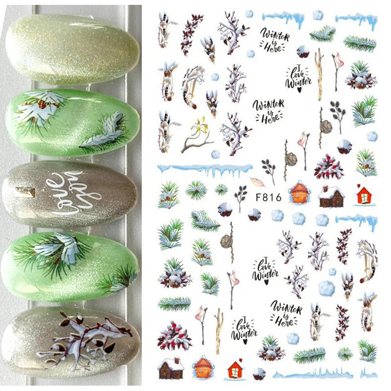 3D Christmas Nail Art Stickers – Snowflake & Winter Tree Nail Decals for Nail Tips Decoration