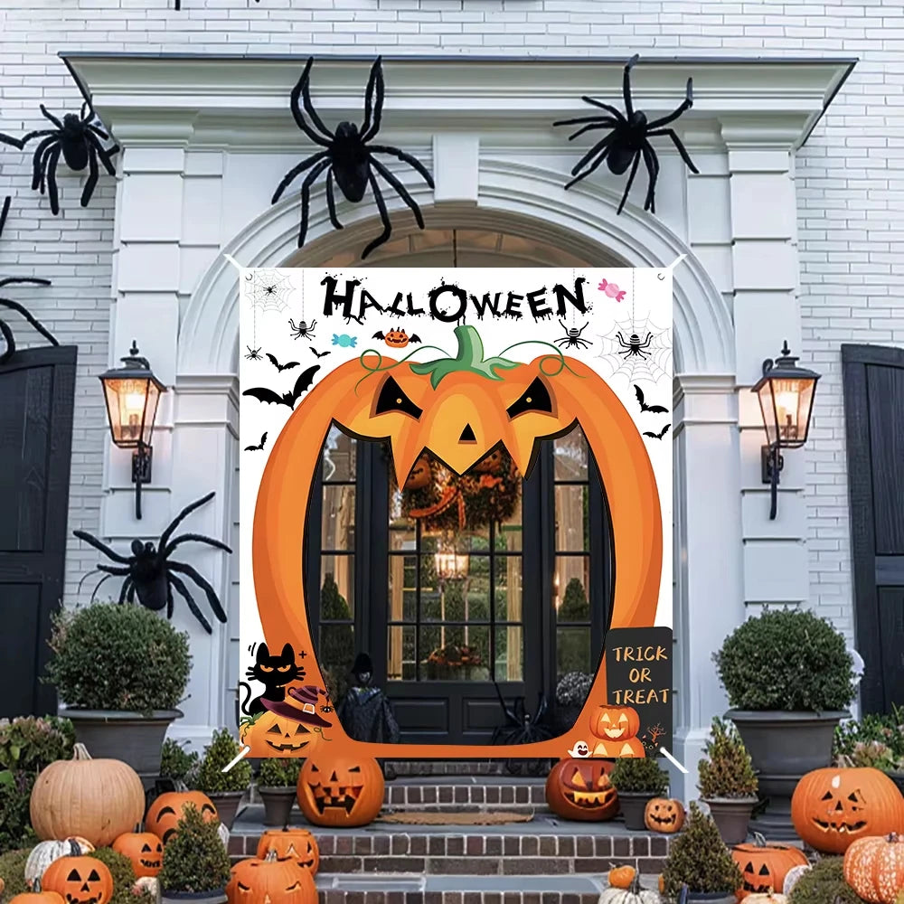 Halloween Pumpkin Door Banner Decoration, Scary Pumpkin Party Backdrop, Creepy Photo Booth Props, Large Horror Photography Background for Halloween Party Supplies