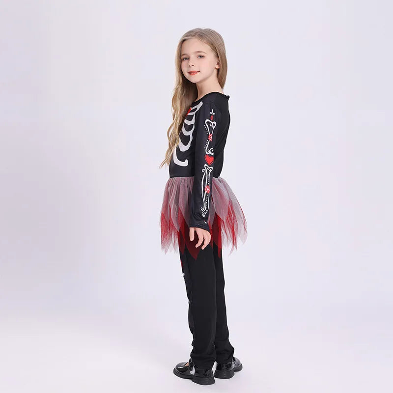 Colorful Skeleton Cosplay Costume for Kids – Girls One-Piece Tight Skirt Dress for Halloween Roleplay & Party Wear