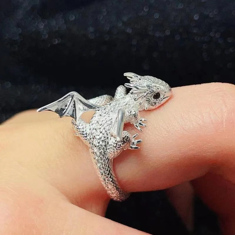 Adjustable Dragon Wing Gothic Ring – Vintage Punk Pterosaur Open Band Ring for Men & Women | Fantasy Jewelry Gift