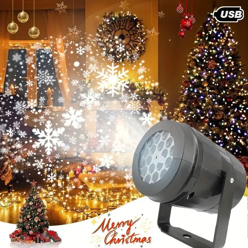 LED Snowflake Christmas Projector Light – USB-Powered Rotating Snowflake Pattern Lamp for Festive Holiday Home Decorations