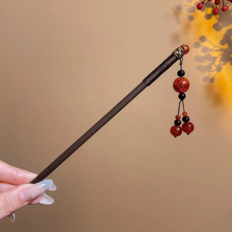 Vintage Chinese Wooden Hair Stick with Red Flower – Hanfu Hairpin Hair Fork for Women