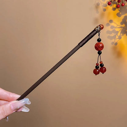 Vintage Chinese Wooden Hair Stick with Red Flower – Hanfu Hairpin Hair Fork for Women