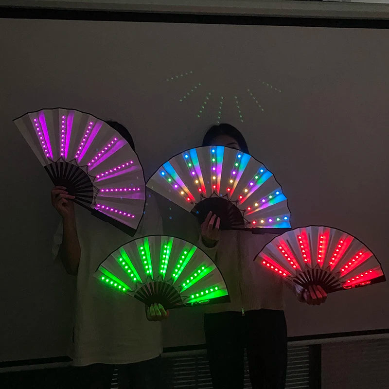 Ventilador de Mano Plegable con Luz LED – Ventilador Luminoso de 10 Pulgadas para Raves, Discotecas, Festivales y Fiestas