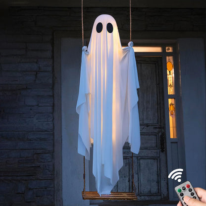 Halloween Hanging Swing Ghost Decoration – Cute White Ghost with String Lights for Porch, Yard, Trees, Parties & Spooky Outdoor Decor