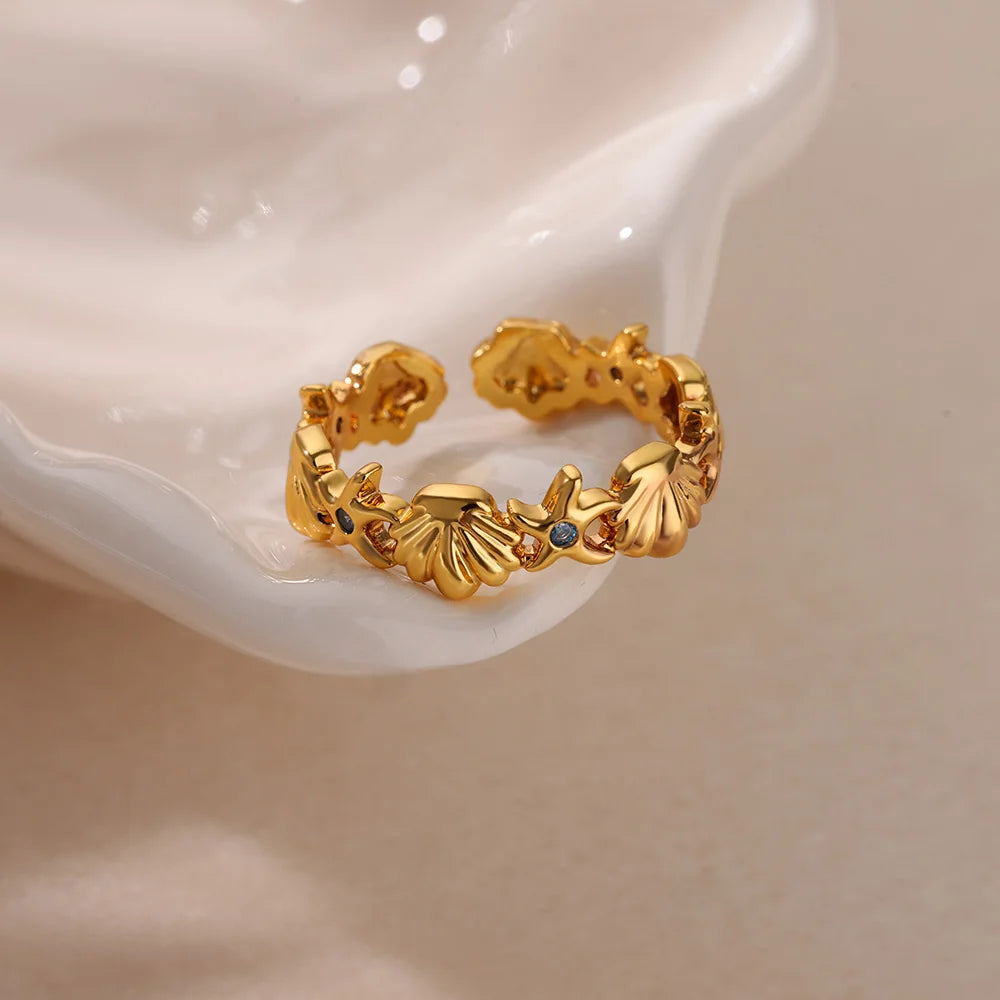 Gold Stainless Steel Starfish & Shell Ring – Adjustable Waterproof Beach-Inspired Ring for Women