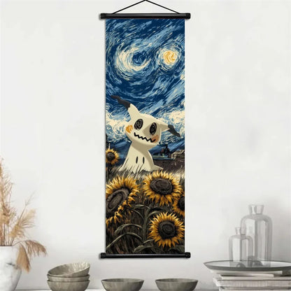 Pokémon Gengar, Squirtle y Mimikyu Noche Estrellada – Lienzo Decorativo Enrollable para Pared – Regalo para Decoración del Hogar