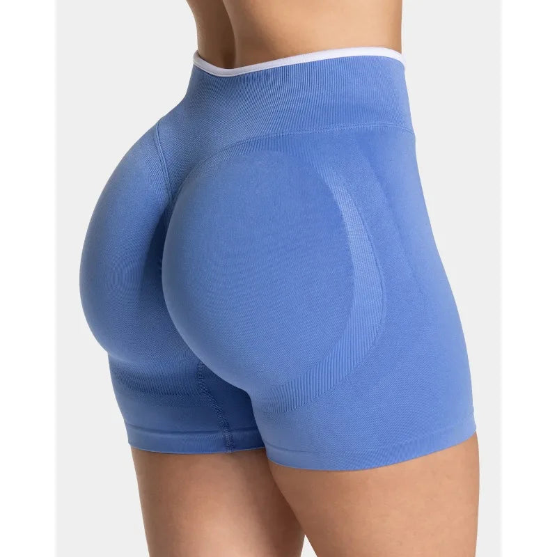 Women’s Seamless High Waist Gym Shorts Color Block Hip Lifting Yoga Running Sports Tight Shorts